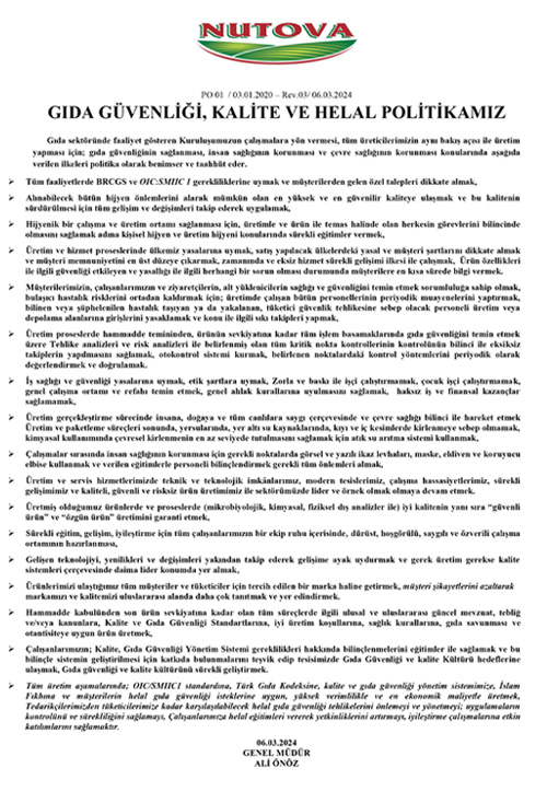 Nutova Gıda Güvenliği Politikası